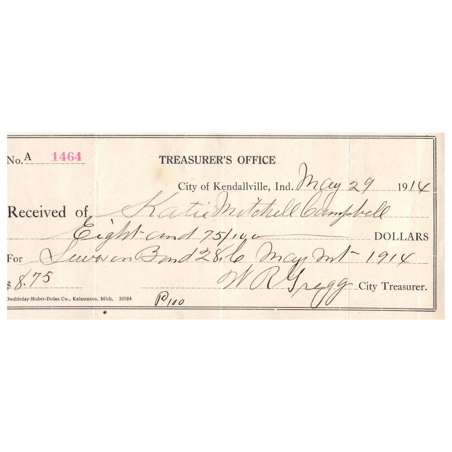 1914 Kendallville Treasurers Office Receipt Katie Mitchell Campbell WR Gregg AD8