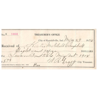 1914 Kendallville Treasurers Office Receipt Katie Mitchell Campbell WR Gregg AD8