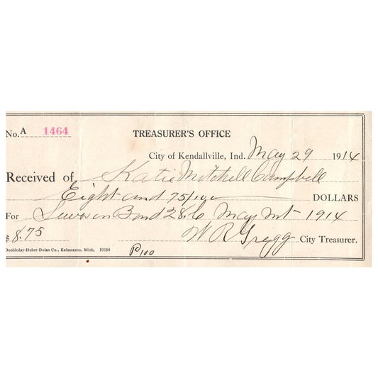 1914 Kendallville Treasurers Office Receipt Katie Mitchell Campbell WR Gregg AD8