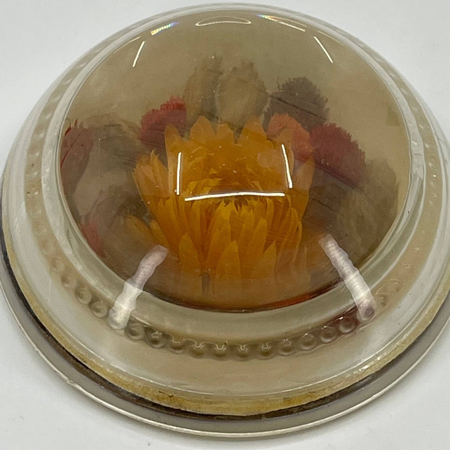 Antique Glass Paperweight Dried Flowers Red Orange 3” SA3