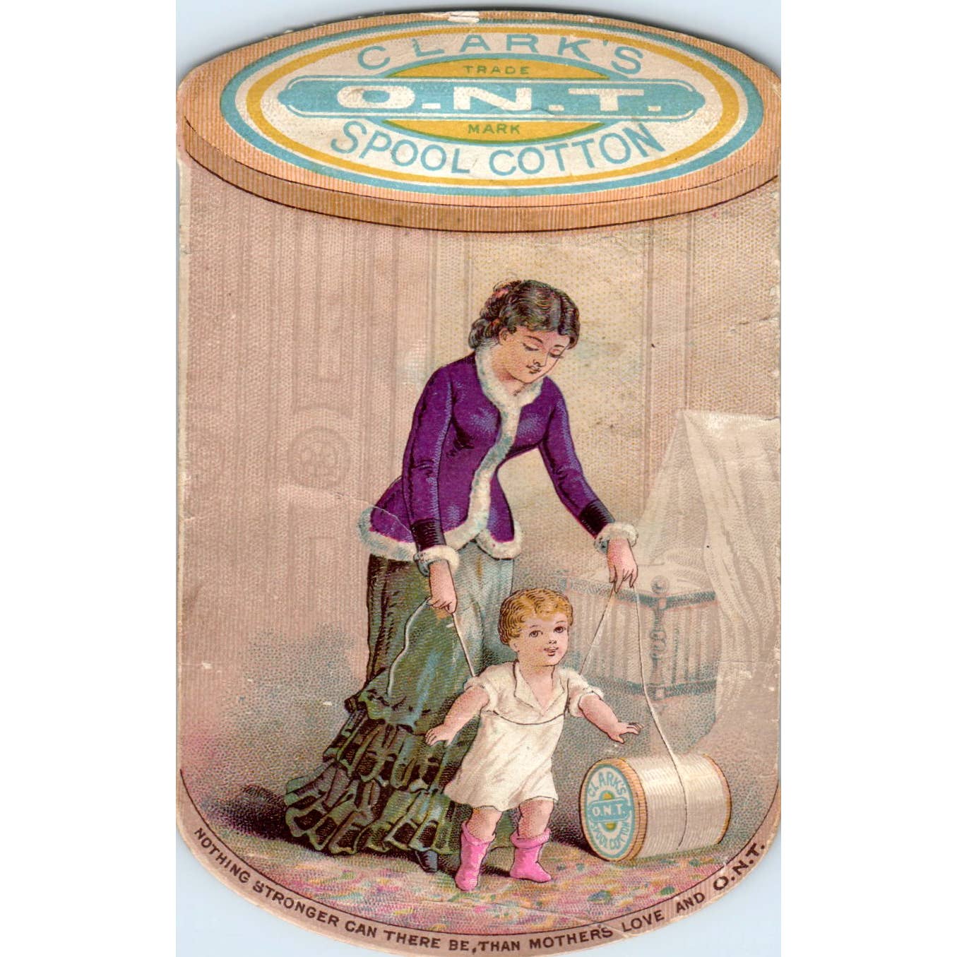 1880s Victorian Trade Card Clark's ONT Spool Cotton Die Cut Mother & Baby SF2