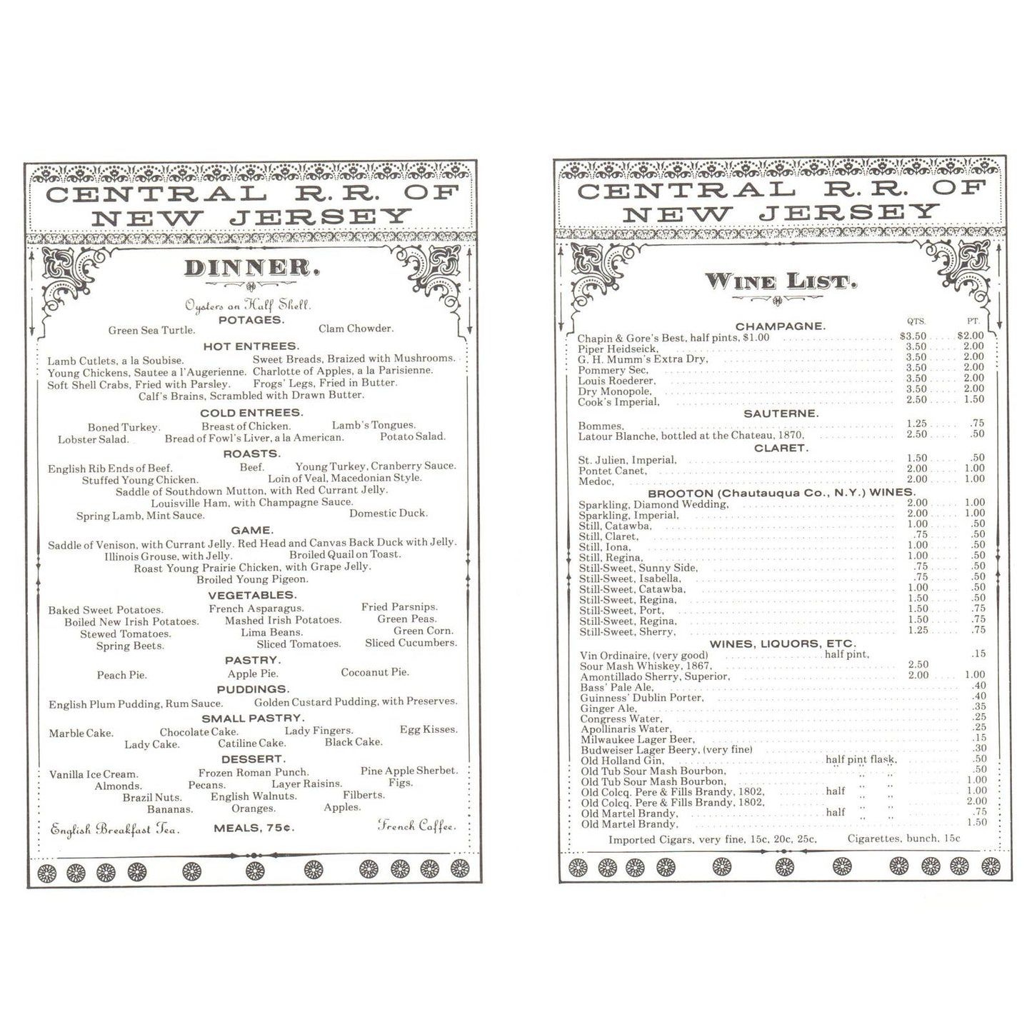 1875 Central New Jersey RR Dining Car Dinner Menu Reproduction SE4