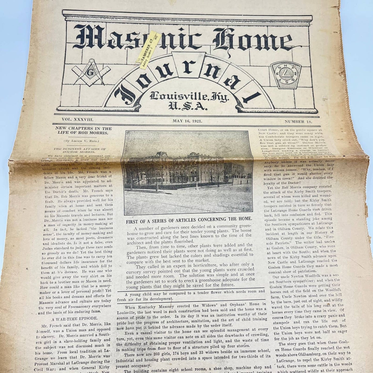 1921 Masonic Home Journal Louisville KY Newspaper Freemasons TE8