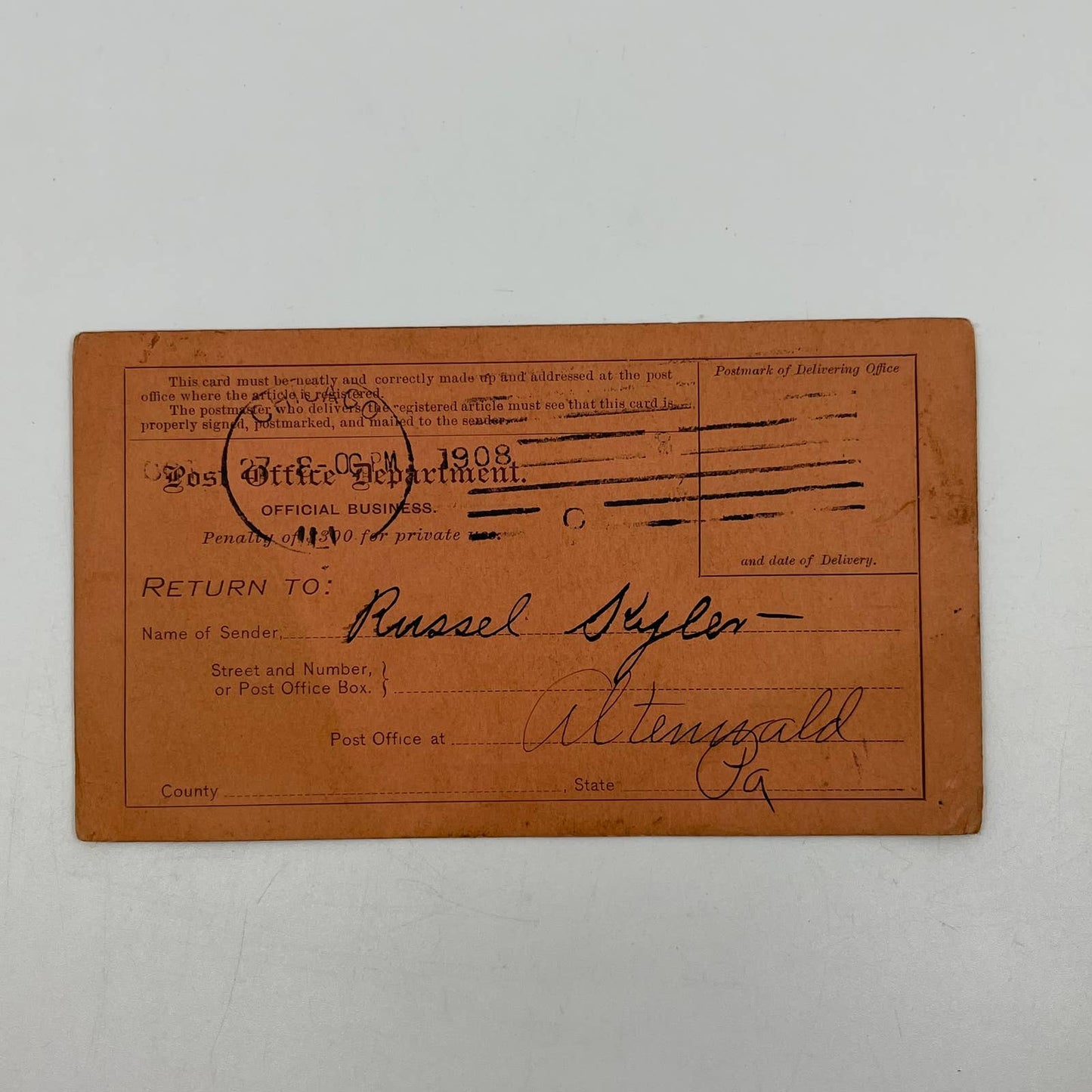 1908 Sears, Roebuck & Co Return Receipt Altenwald PA SC5