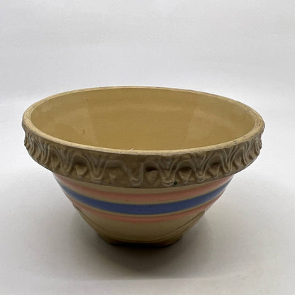 Vintage McCoy Yellow Ware Blue Pink Striped Mixing Bowl 6” Pie Crust Rim TH5