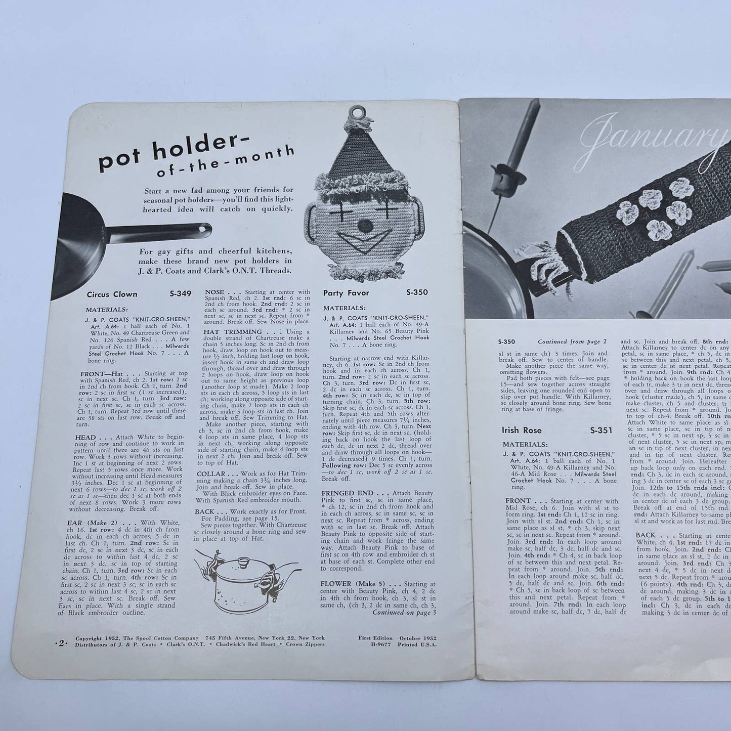 1952 Pot Holders Crochet Book #294 Kitchen SUNFLOWERS Ladybug DUCK Turtles TH7