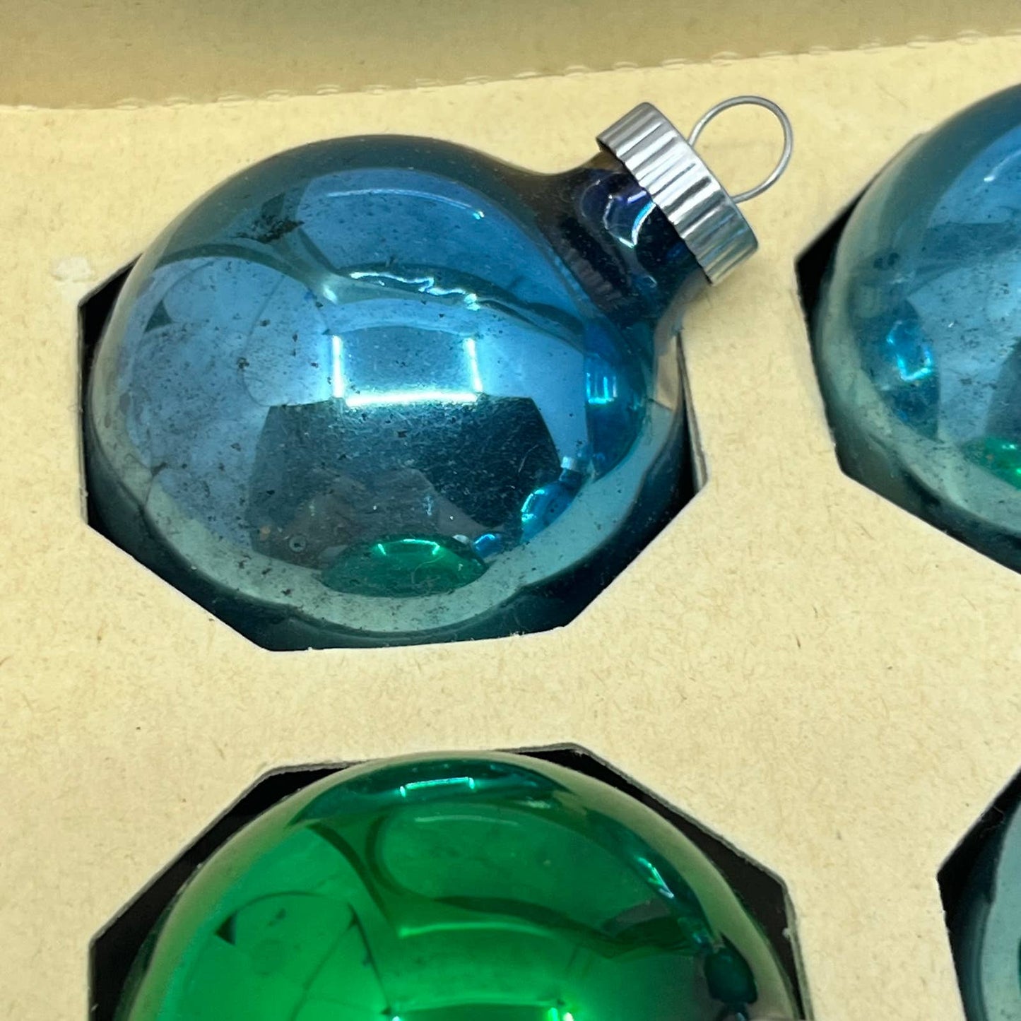 Shiny Brite 12 Vtg 1 3/4" Mercury Glass Ornaments Original Box Blue/Green TJ9