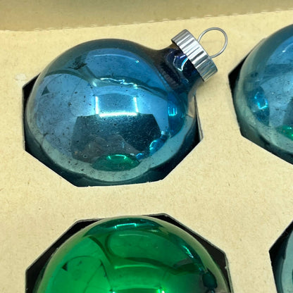 Shiny Brite 12 Vtg 1 3/4" Mercury Glass Ornaments Original Box Blue/Green TJ9