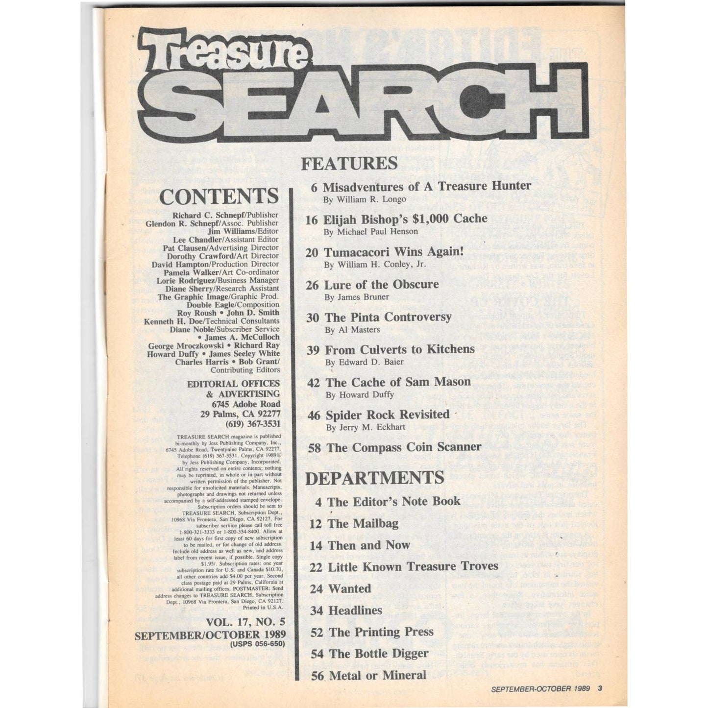 Treasure Search Magazine 1989 Sept/Oct Metal Detecting Gold Diamonds M2