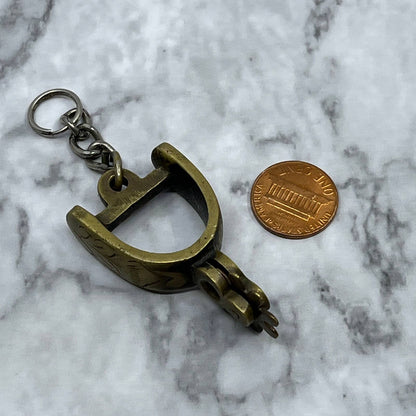 Vintage Brass Western Cowboy Boot Spur Etched Keychain SA2