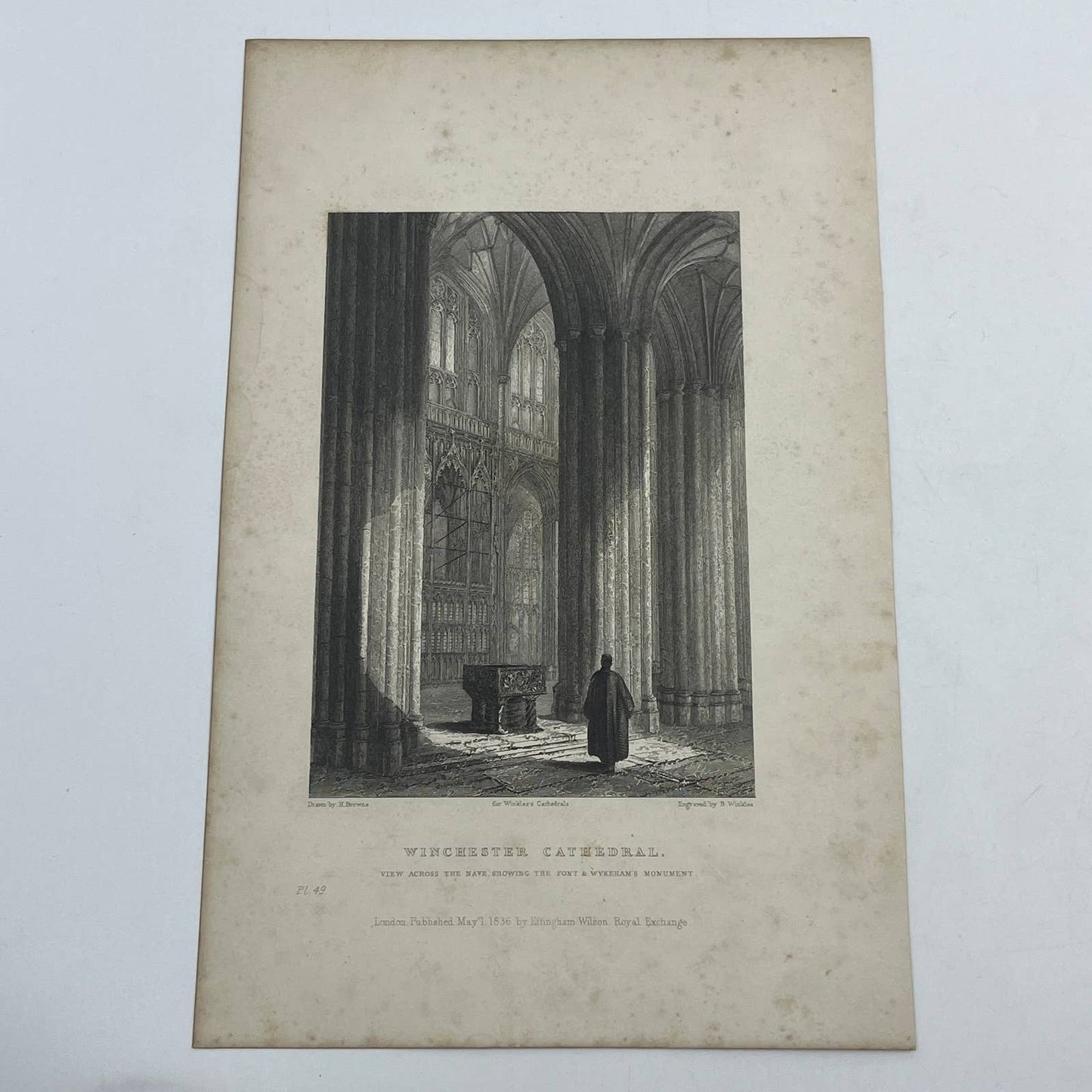 1836 Original Art Engraving Winchester Cathedral View Across the Nave AC6