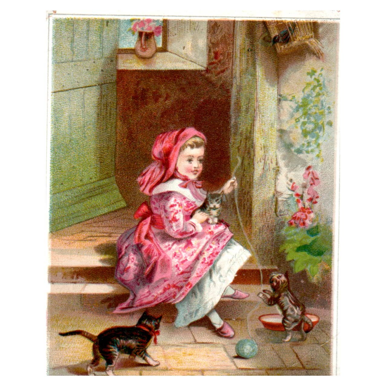 Victorian Girl Playing With Kittens BLANK - 1880s Victorian Trade Card TJ8-3