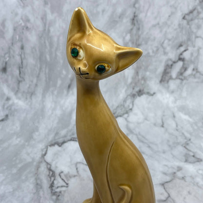 1950s MCM Long Neck Siamese Cat Figurine Ornament Tan Green Eyes 9" TA2-1