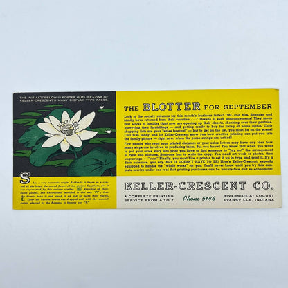 1940s Blotter Card Lotus Flower Keller-Crescent Co. Evansville IN SC9