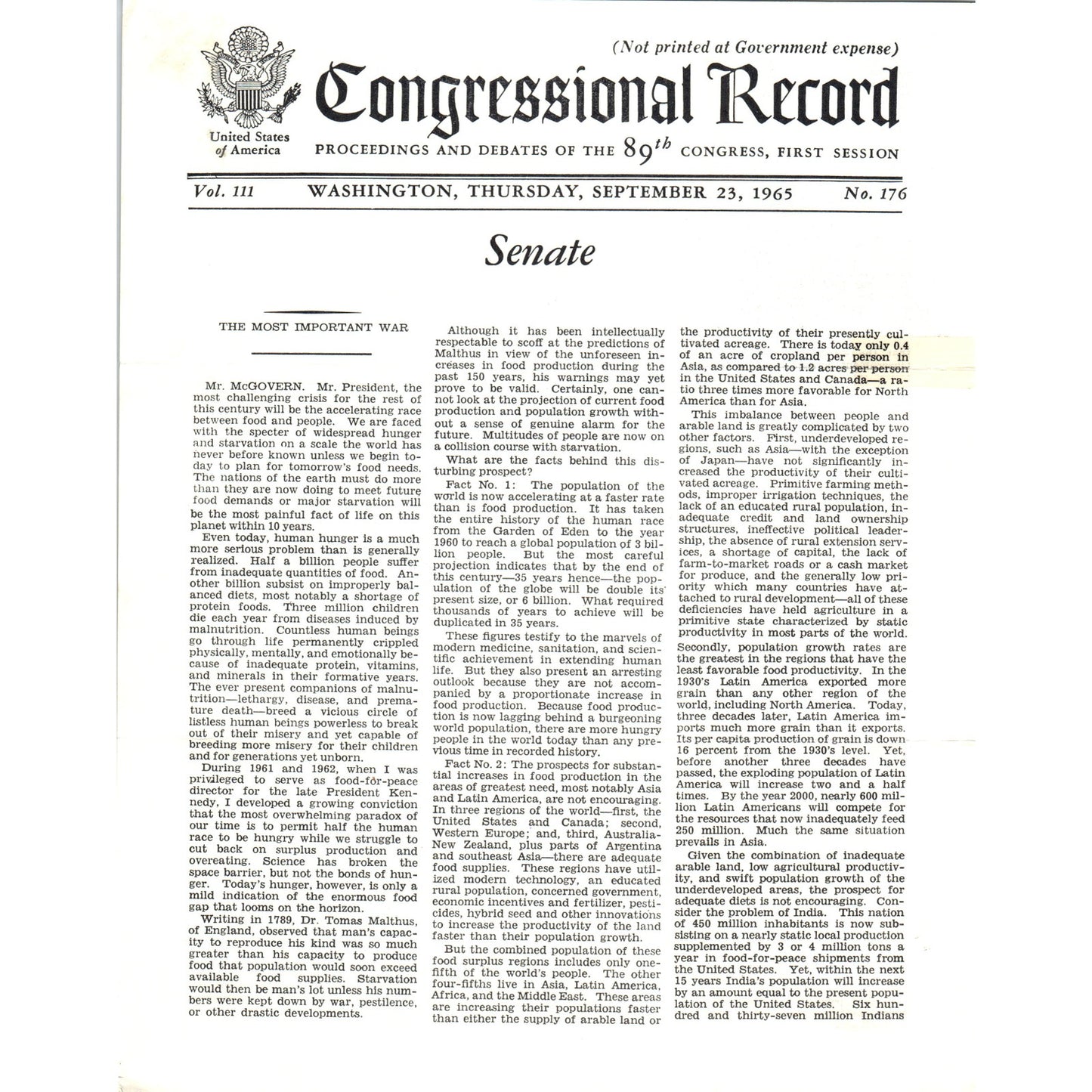 The Congressional Record Sep 23 1965 George McGovern Address on Vietnam B13