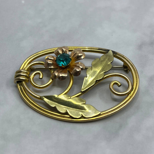 1940s Van Dell Exceptional 12k GF Floral Turquoise Rhinestone Brooch Pin SE6