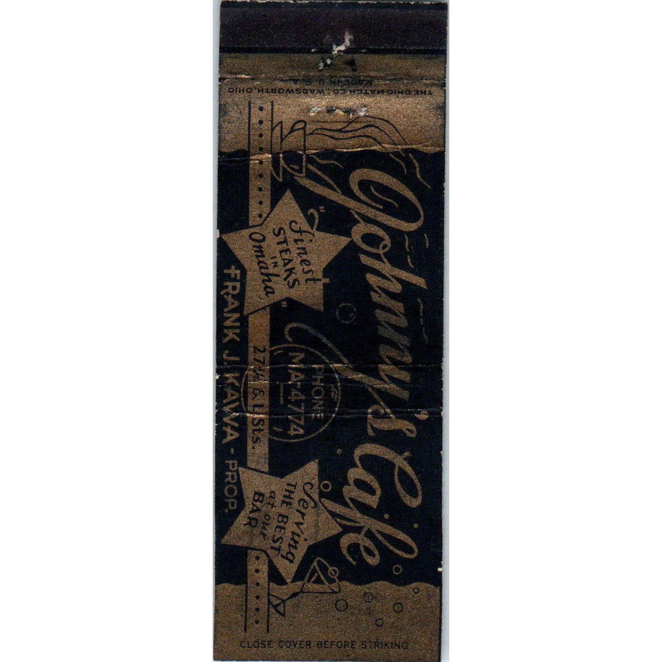 Johnny's Cafe Frank J. Kawa Omaha NE Vintage Advertising Matchbook Cover MM10-2