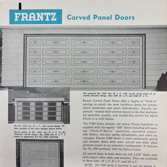 1950s Frantz Mfg Co Carved Panel Garage Doors Advertising Leaflet AC8