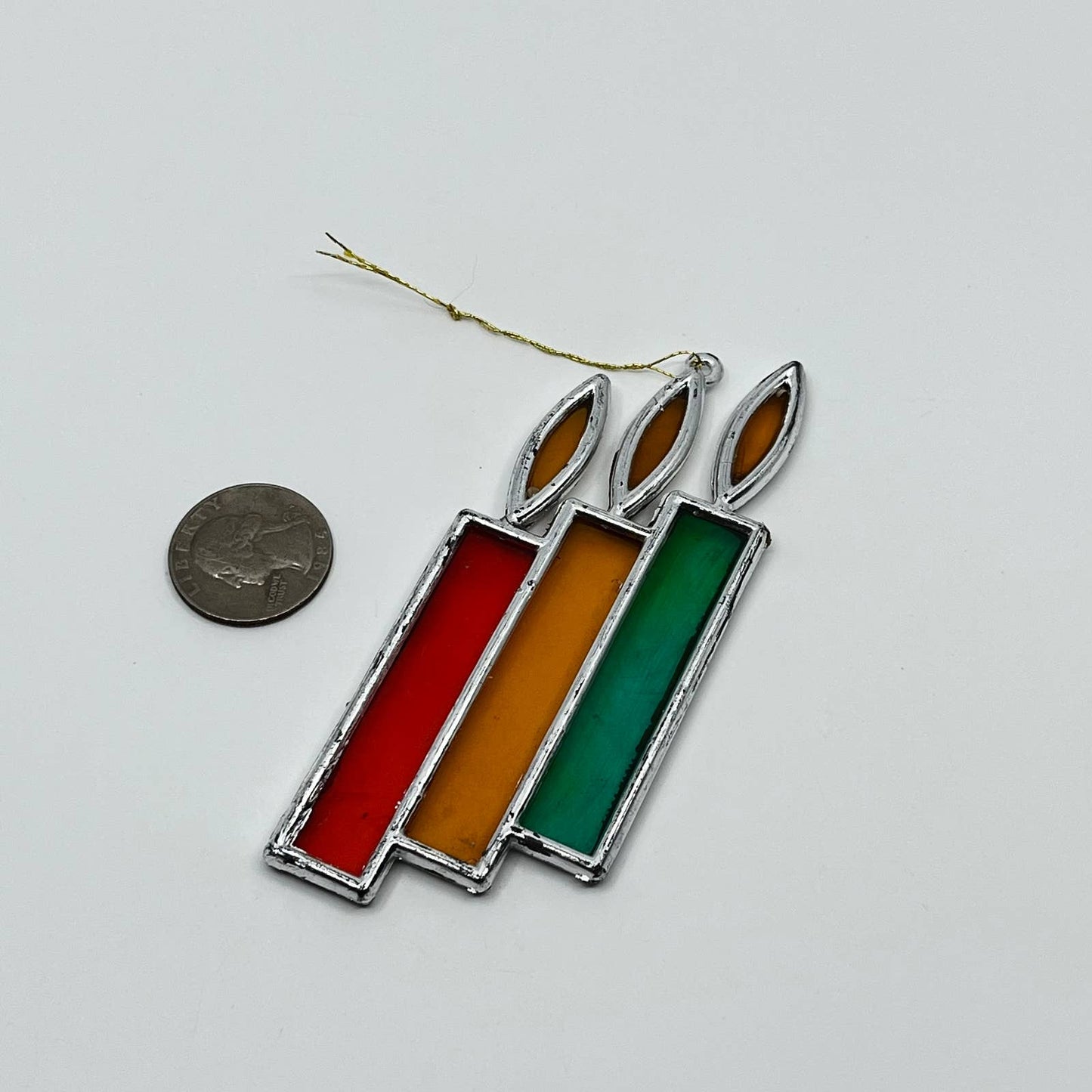 1970s Acrylic Stained Glass Style Ornament Red Orange Green Candles SC6