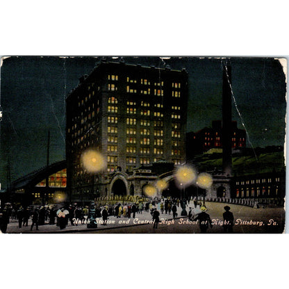 1911 Postcard Union Station and Central High School at Night Pittsburgh TD8-P2