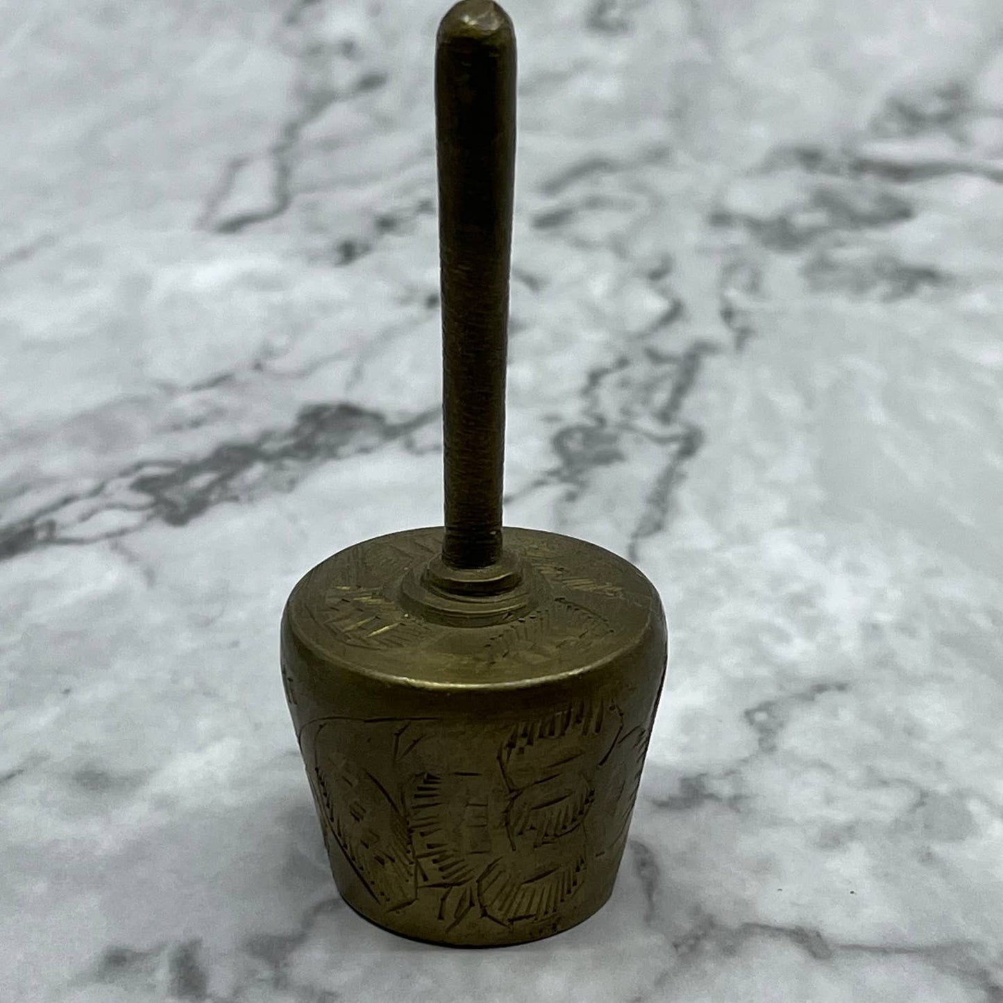 Vintage Etched Long Handle Brass Bell of Sarna 3.5" India SA2