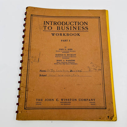 1937 Introduction to Business Workbook Part 1 John G. Kirk Philadelphia TD8