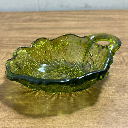 Vintage 1960s Green Indiana Glass Cabbage Pebble Twiggy Leaf candy dish 4” TA5