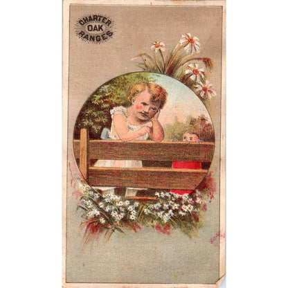 1880s Victorian Trade Card Charter Oak Ranges - Girl and Baby on Fence SF2