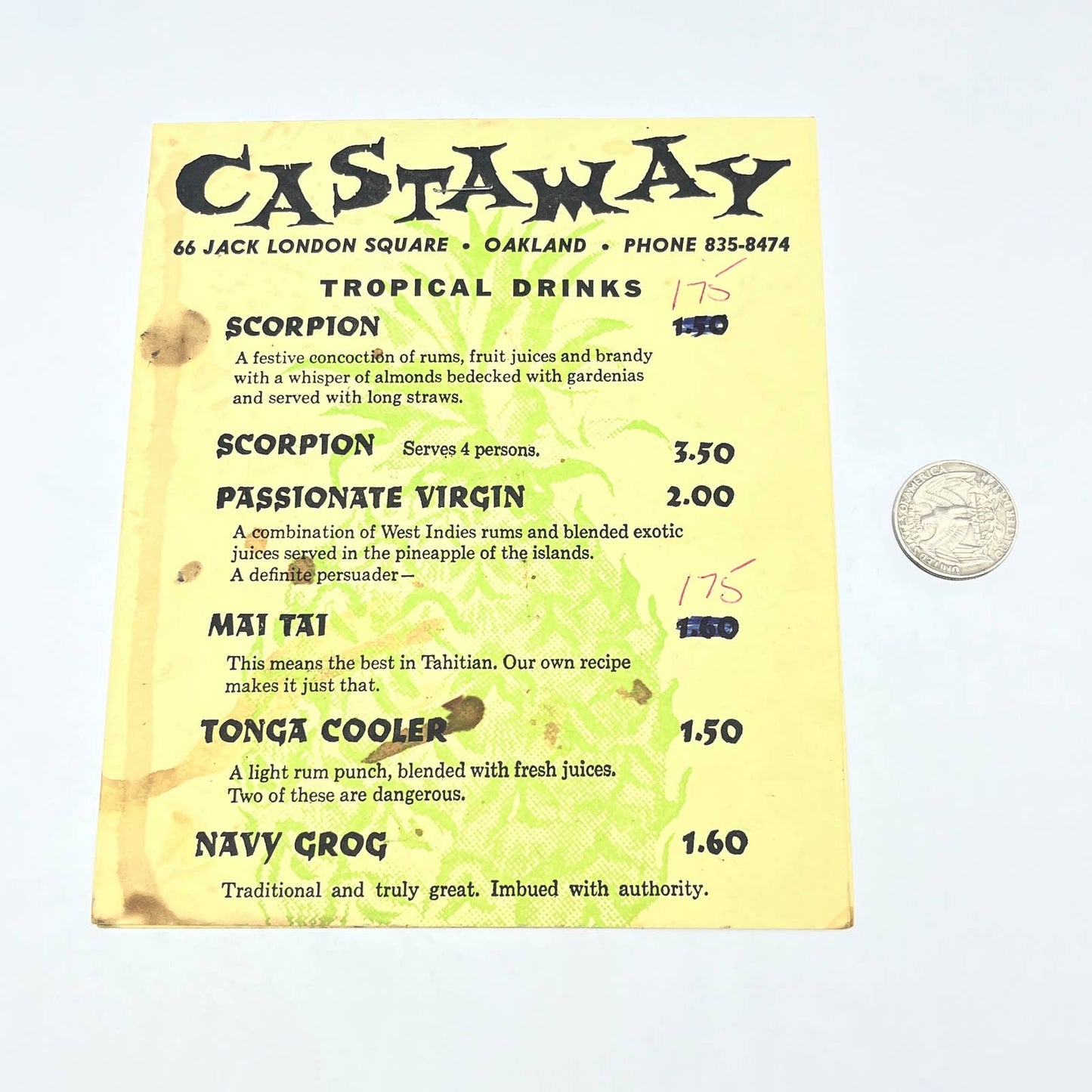 1966 Castaway Restaurant Drink Menu Jack London Square Oakland CA FL3