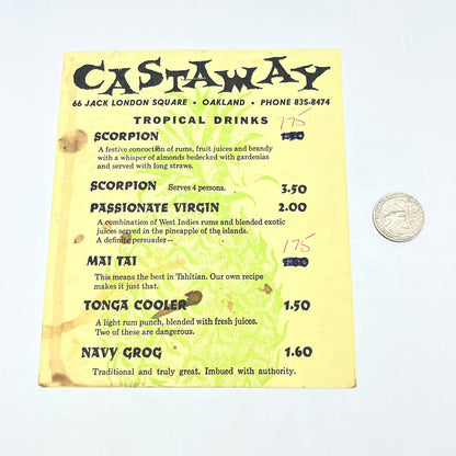 1966 Castaway Restaurant Drink Menu Jack London Square Oakland CA FL3