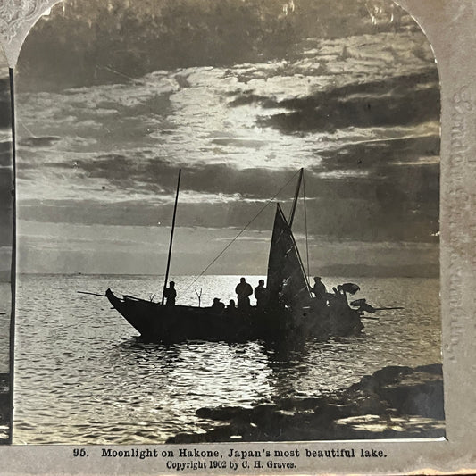 Moonlight on Hakone Japan's Most Beautiful Lake 1902 Stereoview Card TJ9-V1