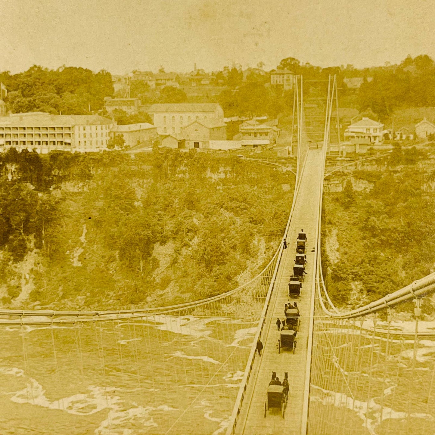 1892 Stereoview Horse Carriage Suspension Bridge Niagara Falls NY Clifton House