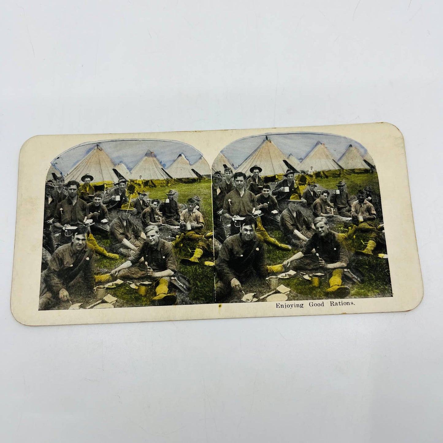 1898 Stereoview Card Tinted Spanish-American War US Army Troops Enjoying Rations