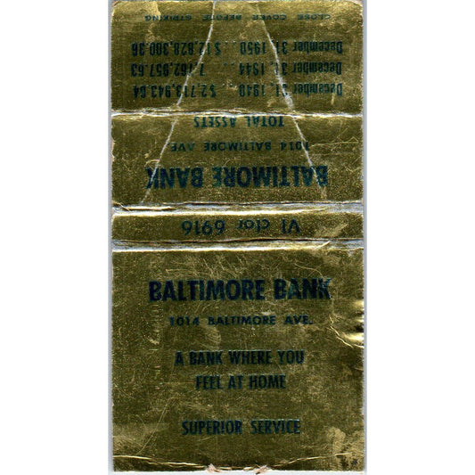 Baltimore Bank 1014 Baltimore Avenue Advertising Matchbook Cover SA9-M1
