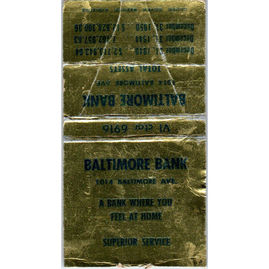 Baltimore Bank 1014 Baltimore Avenue Advertising Matchbook Cover MM9-5