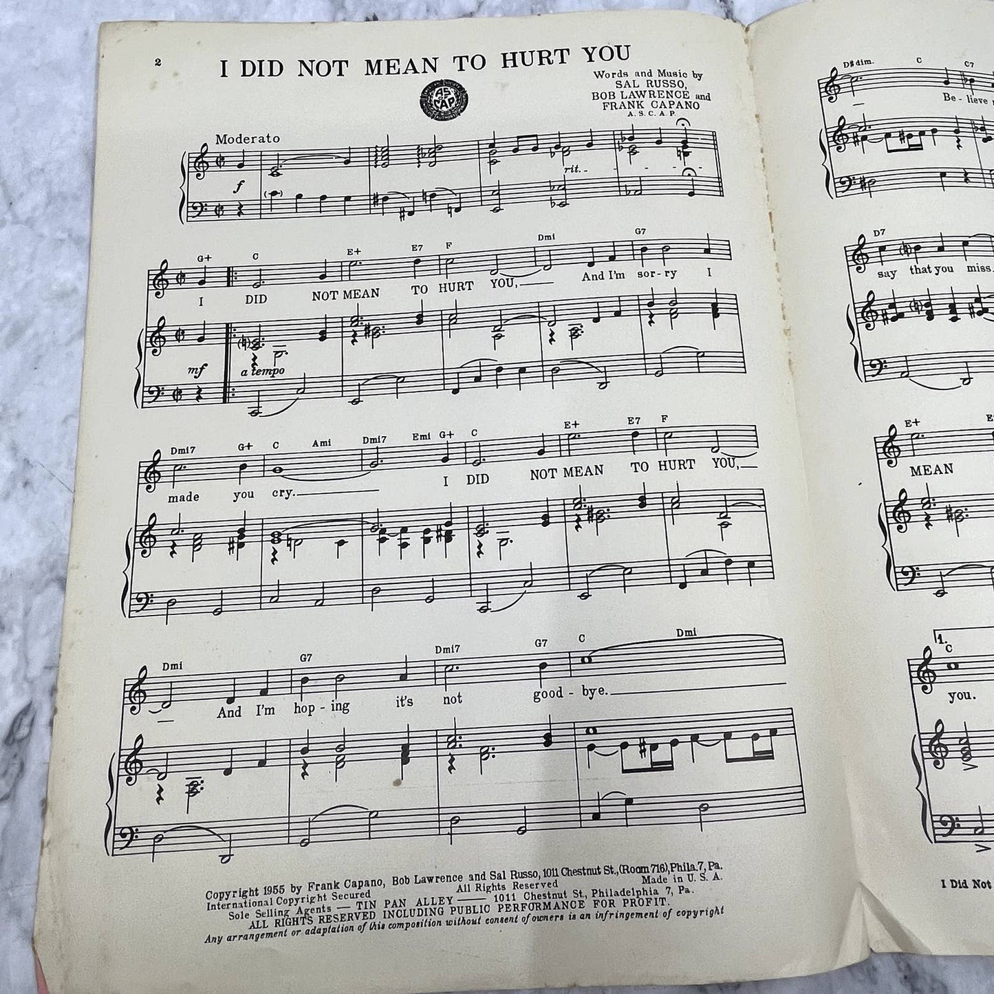 I Did Not Mean To Hurt You Perry Como Sal Russo 1955 Sheet Music TK2-SM2