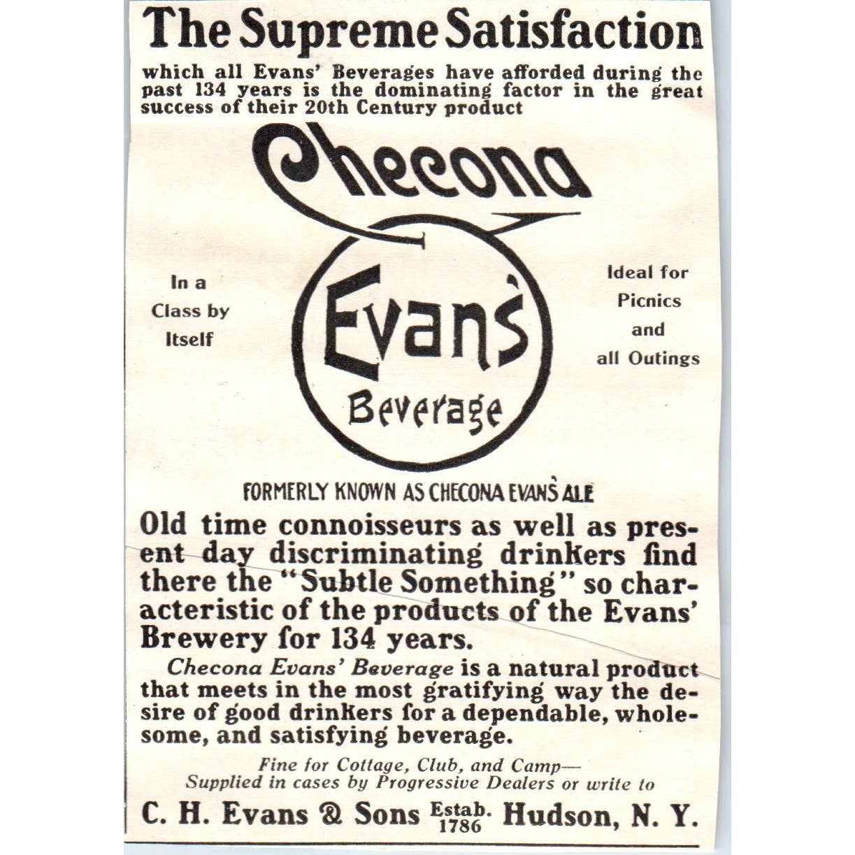 c1920 Harper's Magazine Ad - Checona Evans' Beverage C.H. Evans Hudson EA3-4