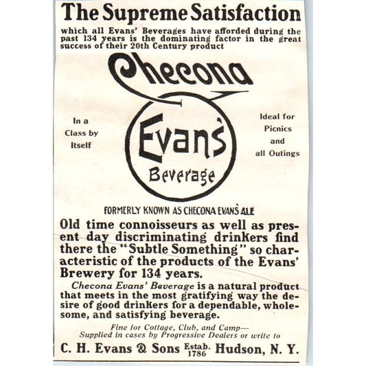 c1920 Harper's Magazine Ad - Checona Evans' Beverage C.H. Evans Hudson EA3-4