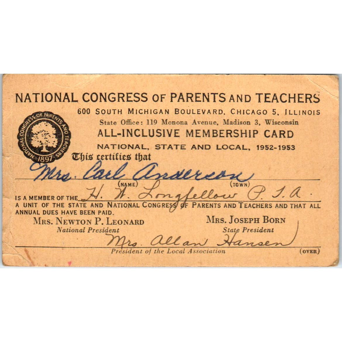 1952 National Congress of Parents & Teachers Membership Card HW Longfellow SE5-3
