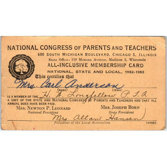 1952 National Congress of Parents & Teachers Membership Card HW Longfellow SE5-3