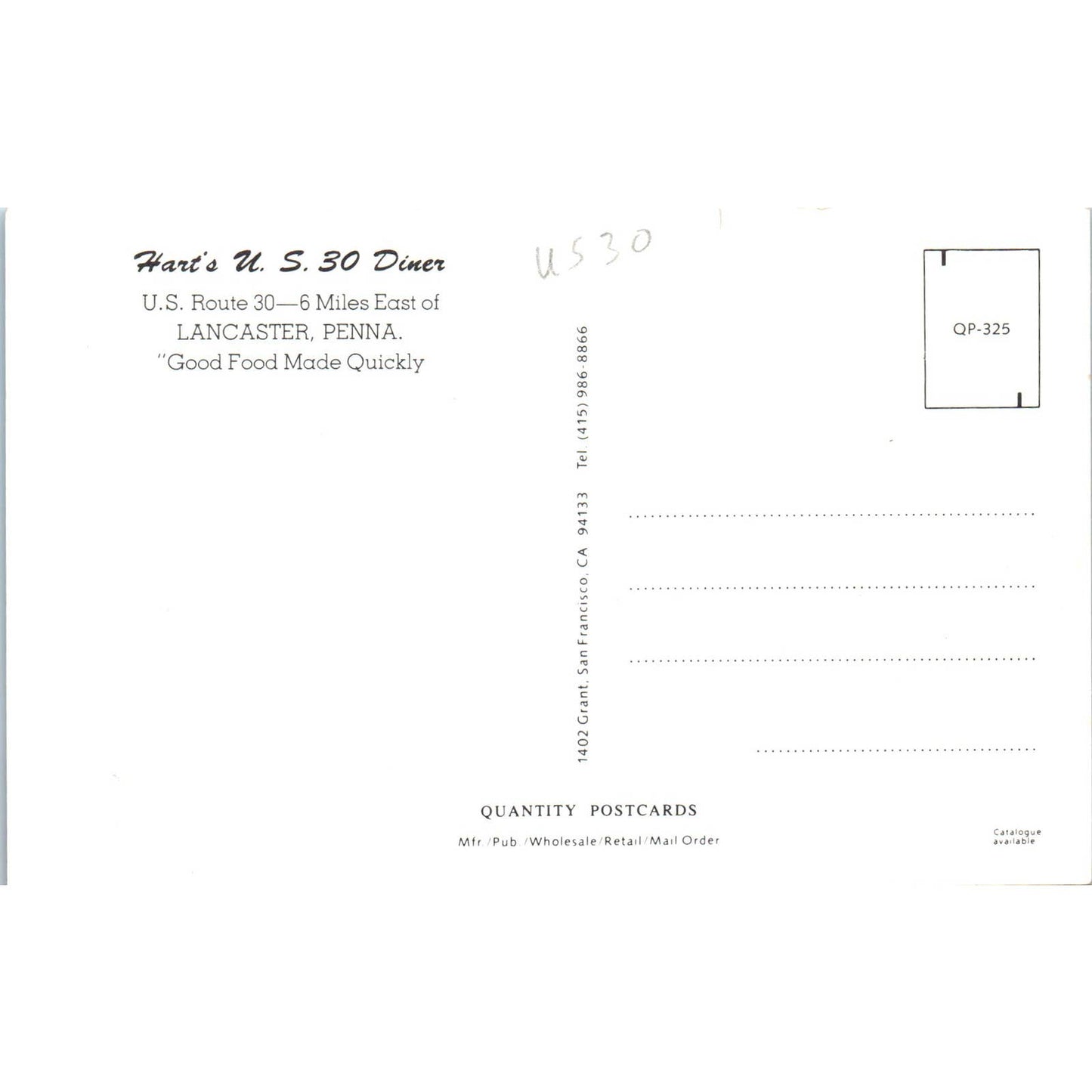 Hart's US 30 Diner Lancaster Pennsylvania - Original Postcard TJ7-RP2