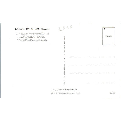 Hart's US 30 Diner Lancaster Pennsylvania - Original Postcard TJ7-RP2