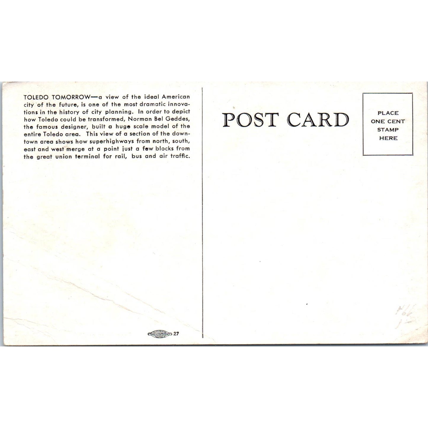 Toledo Tomorrow - A Look Into the Future Norman Bel Geddes Postcard TK1-20