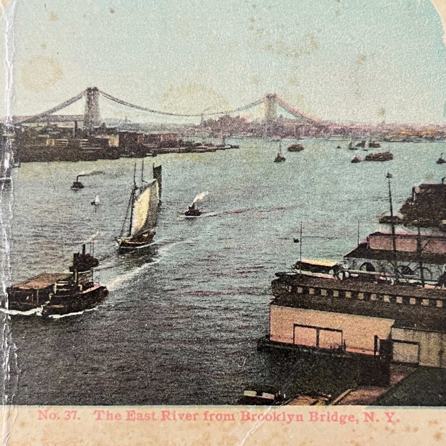 The East River From Brooklyn Bridge NY Antique Stereoview Card H2-3