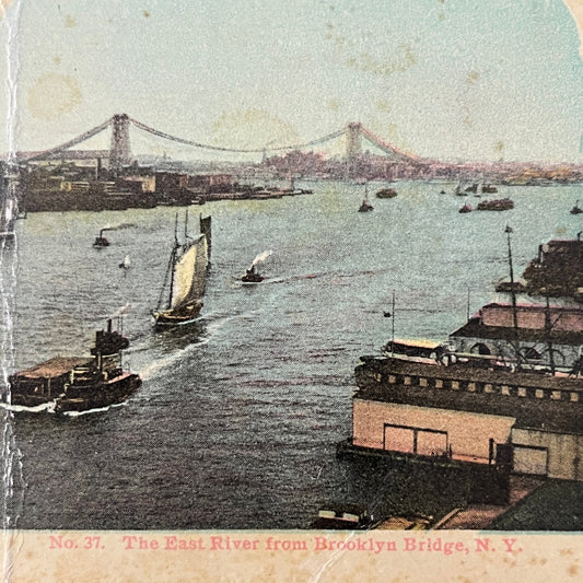 The East River From Brooklyn Bridge NY Antique Stereoview Card H2-3
