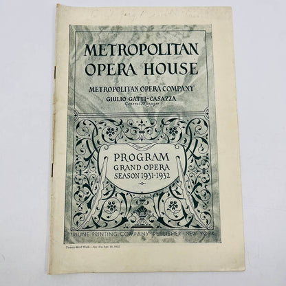 1931-32 Season Metropolitan Opera House MET Grand Opera Program Week 23 NYC TD6