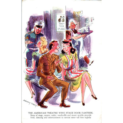 1943 WWII The American Theatre Wing Stage Door Canteen Cartoon Postcard TK1-26-2