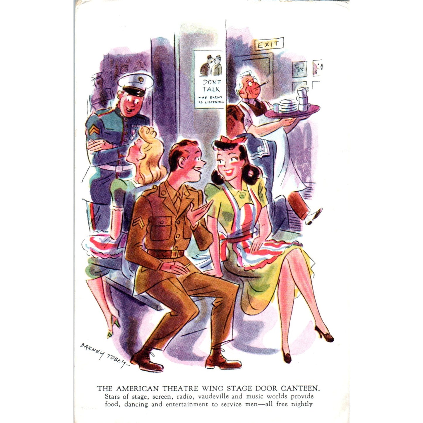 1943 WWII The American Theatre Wing Stage Door Canteen Cartoon Postcard P2-11