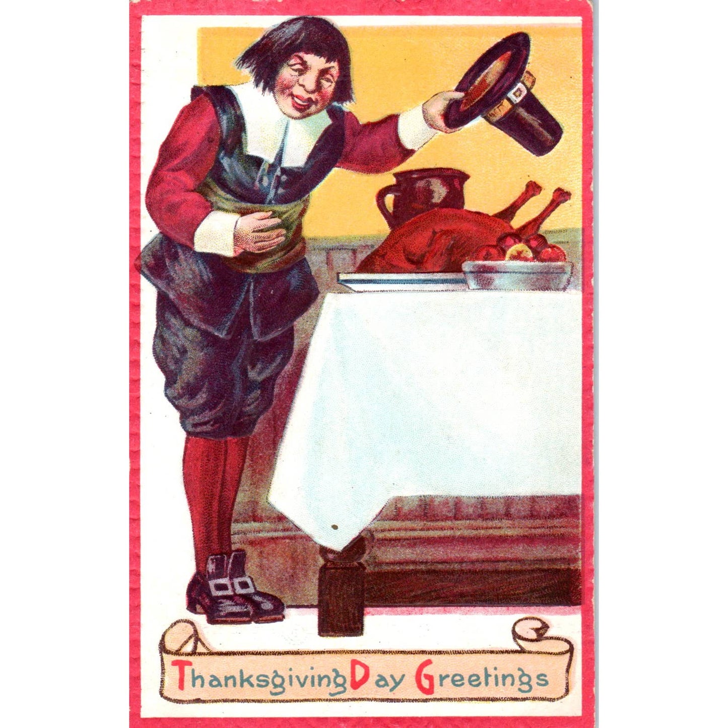 Thanksgiving Pilgrim at the Dinner Table 1913 Original Postcard TK1-22