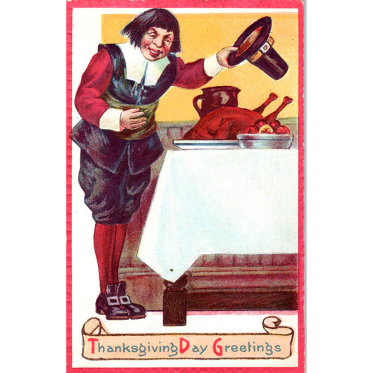 Thanksgiving Pilgrim at the Dinner Table 1913 Original Postcard TK1-22